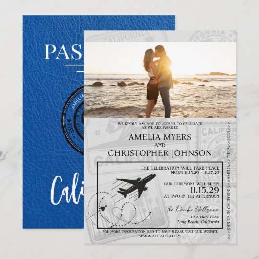 Royal Blue California Passport Wedding Kaart (Voorkant / Achterkant)