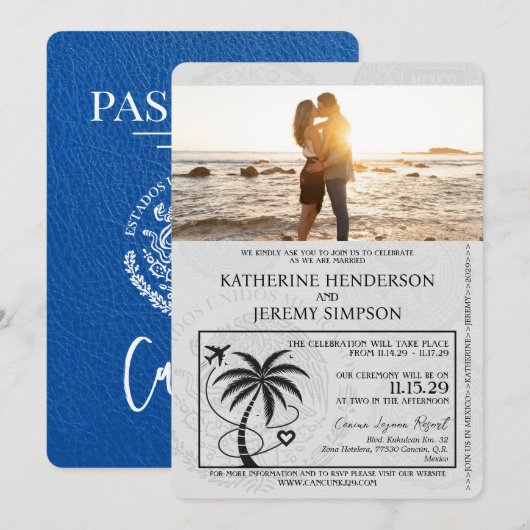 Royal Blue Cancun Passport Wedding Kaart (Voorkant / Achterkant)