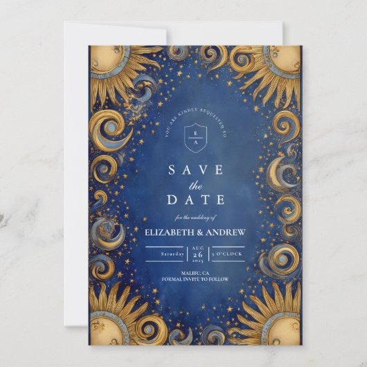 Royal Blue Celestial Wedding Save The Date (Voorkant)