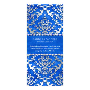 Royal Blue Cerulean Glimmer Damask Silver Reclamekaart