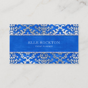 Royal Blue Cerulean Glimmer Damask Silver Visitekaartje