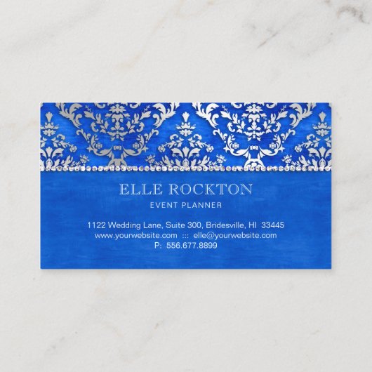 Royal Blue Cerulean Glimmer Damask Silver Visitekaartje (Achterkant)