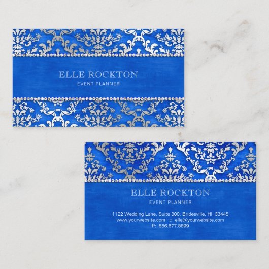 Royal Blue Cerulean Glimmer Damask Silver Visitekaartje (Voorkant / Achterkant)