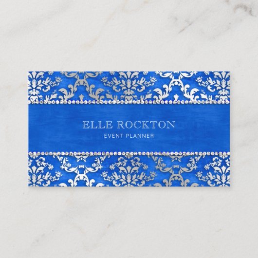 Royal Blue Cerulean Glimmer Damask Silver Visitekaartje (Voorkant)