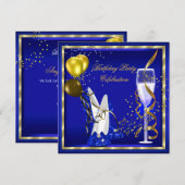 Royal Blue Champagne Gold Glitter Birthday Party Kaart (Voorkant / Achterkant)