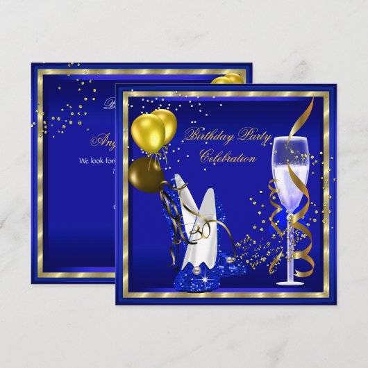 Royal Blue Champagne Gold Glitter Birthday Party Kaart (Voorkant / Achterkant)