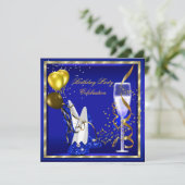 Royal Blue Champagne Gold Glitter Birthday Party Kaart (Staand voorkant)