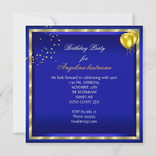 Royal Blue Champagne Gold Glitter Birthday Party Kaart (Achterkant)