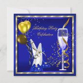 Royal Blue Champagne Gold Glitter Birthday Party Kaart (Voorkant)