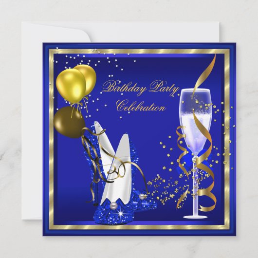 Royal Blue Champagne Gold Glitter Birthday Party Kaart (Voorkant)