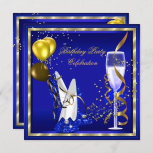 Royal Blue Champagne Gold Glitter Birthday Party Kaart