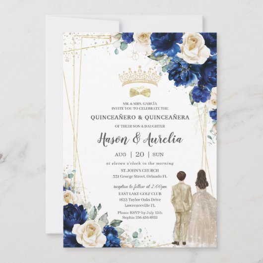 Royal Blue Champagne Twins Jongen Meisje Quinceañe Kaart (Voorkant)