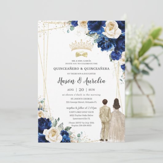 Royal Blue Champagne Twins Jongen Meisje Quinceañe Kaart (Staand voorkant)