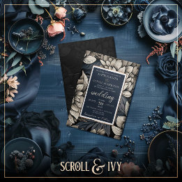 Royal Blue & Champagne White Bloom Wedding Kaart