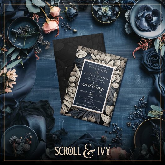 Royal Blue & Champagne White Bloom Wedding Kaart