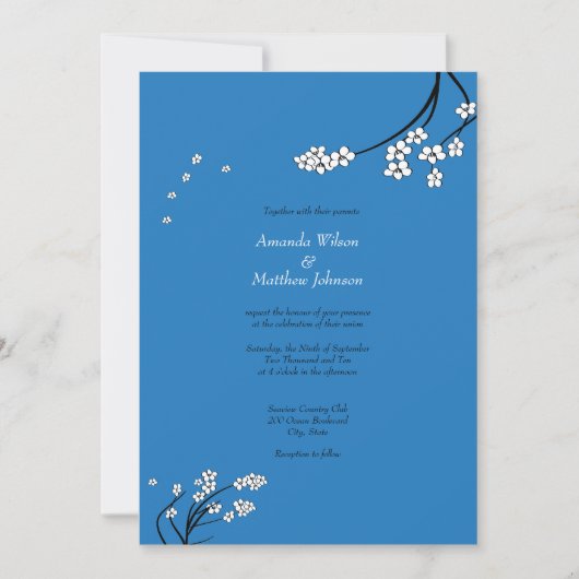 Royal Blue Cherry Blossom Wedding Invitations Kaart (Voorkant)