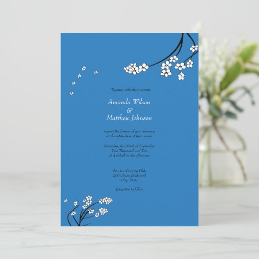 Royal Blue Cherry Blossom Wedding Invitations Kaart (Staand voorkant)