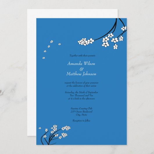 Royal Blue Cherry Blossom Wedding Invitations Kaart (Voorkant / Achterkant)