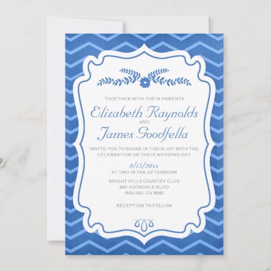 Royal Blue Chevron Stripes Wedding Invitations Kaart (Voorkant)