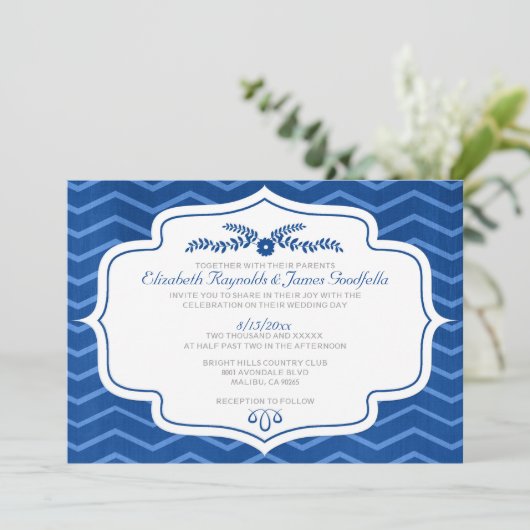 Royal Blue Chevron Wedding Invitations Kaart (Staand voorkant)