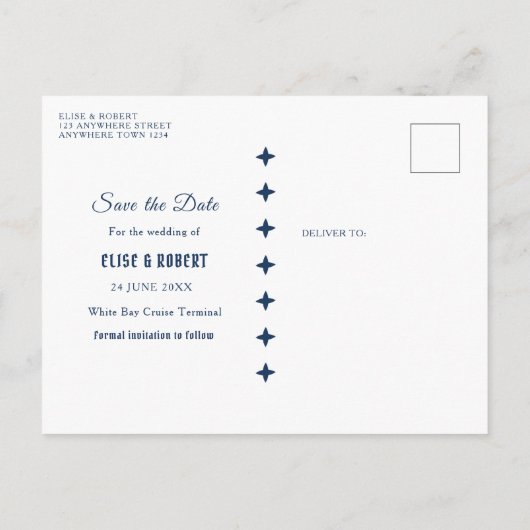 Royal Blue Classic Retro Save the Date Invitation Briefkaart (Achterkant)