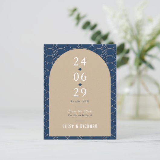 Royal Blue Classic Retro Save the Date Invitation Briefkaart (Staand voorkant)