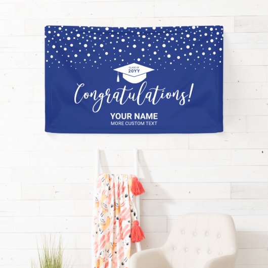 Royal Blue Confetti Gefeliciteerd Afstuderen Spandoek (Insitu)
