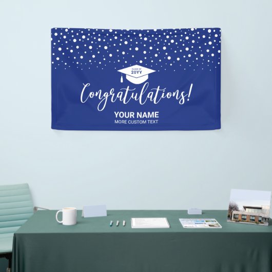 Royal Blue Confetti Gefeliciteerd Afstuderen Spandoek (Beurs)