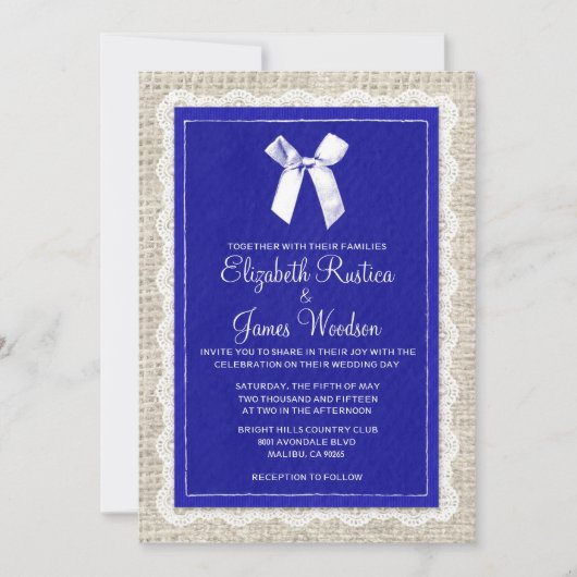 Royal Blue Country Burlap Wedding Invitations Kaart (Voorkant)