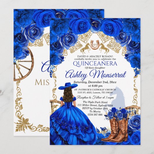 Royal Blue Cowboy Quinceañera Uitnodiging, 15 Años Kaart (Voorkant / Achterkant)