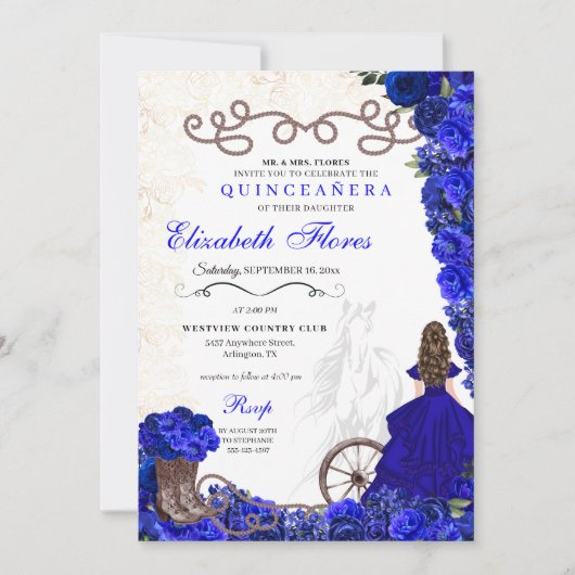 Royal Blue Cowgirl Ranchero Western Quinceanera Kaart (Voorkant)
