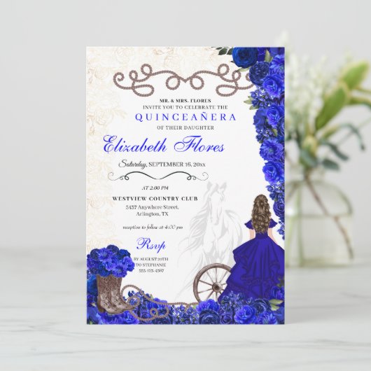 Royal Blue Cowgirl Ranchero Western Quinceanera Kaart (Staand voorkant)