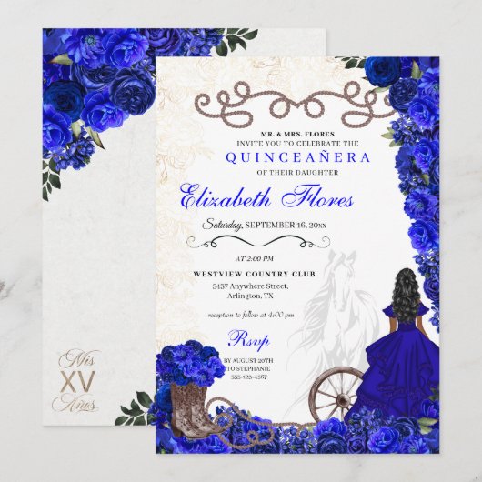 Royal Blue Cowgirl Ranchero Western Quinceanera Kaart (Voorkant / Achterkant)