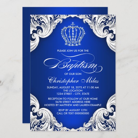 Royal Blue Crown Boy Baptisme Kaart (Voorkant / Achterkant)