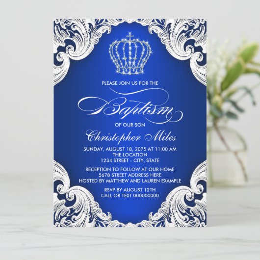 Royal Blue Crown Boy Baptisme Kaart (Staand voorkant)