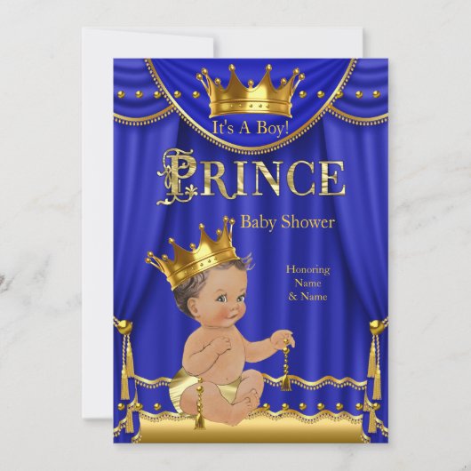 Royal Blue Crown Prince Baby shower Gold Brunette Kaart (Voorkant)
