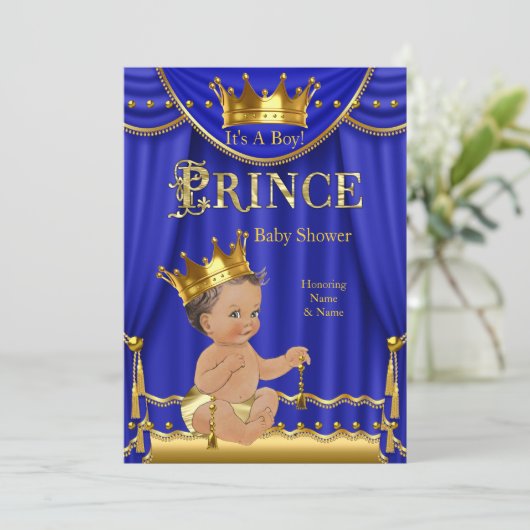 Royal Blue Crown Prince Baby shower Gold Brunette Kaart (Staand voorkant)