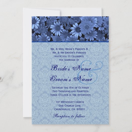 Royal Blue Daisy Damask Wedding Kaart (Voorkant)