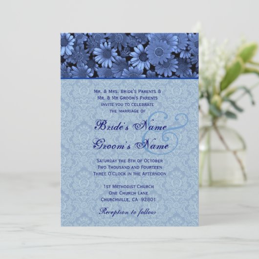 Royal Blue Daisy Damask Wedding Kaart (Staand voorkant)
