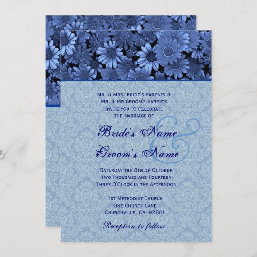 Royal Blue Daisy Damask Wedding Kaart (Voorkant / Achterkant)