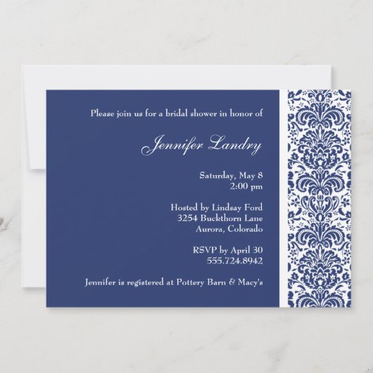 Royal Blue Damask Bridal Shower Kaart (Voorkant)