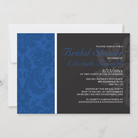 Royal Blue Damask Bridal Shower-uitnodigingen Kaart (Voorkant)
