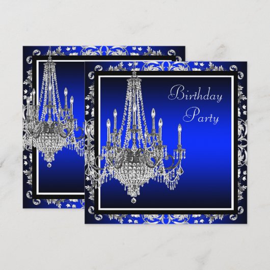 Royal Blue Damask Chandelier Verjaardagsfeest Kaart (Voorkant / Achterkant)