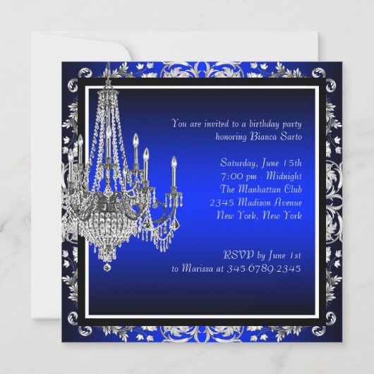 Royal Blue Damask Chandelier Verjaardagsfeest Kaart (Achterkant)