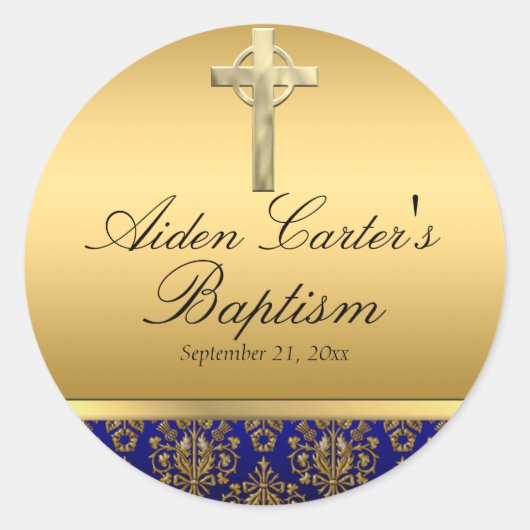 Royal Blue Damask & Cross Baptism Sticker (Voorkant)