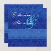 Royal Blue Damask en Lace Wedding Invitation Kaart (Voorkant / Achterkant)