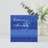 Royal Blue Damask en Lace Wedding Invitation Kaart (Staand voorkant)
