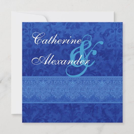 Royal Blue Damask en Lace Wedding Invitation Kaart (Voorkant)