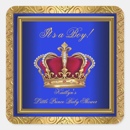Royal Blue Damask Gold Baby shower Boy Regal Vierkante Sticker (Voorkant)