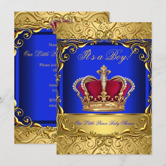 Royal Blue Damask Gold Crown Baby shower Boy 4 Kaart (Voorkant / Achterkant)